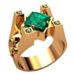 Anel de Formatura em Ouro Amarelo 18k com Esmeralda e Diamantes, 10mm