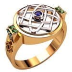 Anel de Confraria em Ouro Amarelo 18k com Safira e Esmeralda, 16mm