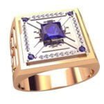 Anel de Confraria em Ouro Amarelo 18k com Safira e Diamantes, 14mm