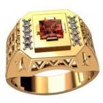 Anel de Formatura em Ouro Amarelo 18k com Granada e Diamantes, 14mm