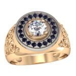 Anel de Confraria em Ouro Amarelo 18k com Safira e Diamantes, 14mm