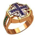 Anel de Confraria em Ouro Amarelo 18k com Safira e Esmeralda, 15mm