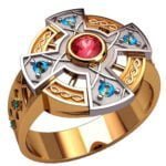 Anel de Confraria em Ouro Amarelo 18k com Granada, Topázio e Esmeralda,  15mm