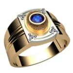 Anel de Confraria em Ouro Amarelo 18k com Safira e Diamantes, 14mm