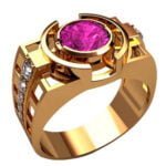 Anel de Formatura em Ouro Amarelo 18k com Turmalina Rosa e Diamantes, 10mm