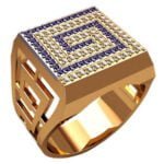 Anel de Confraria em Ouro Amarelo 18k com Safira e Diamantes, 15mm