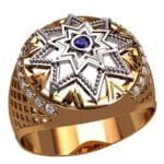 Anel de Confraria em Ouro Amarelo & Branco 18k com Safira e Diamantes, 15mm