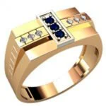 Anel de Confraria em Ouro Amarelo 18k com Safira e Diamantes, 12mm
