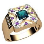 Anel de Confraria em Ouro Amarelo 18k com Safira, Ametista e Dimantes, 15mm