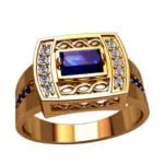 Anel de Formatura em Ouro Amarelo 18k com Safira e Diamantes, 14mm