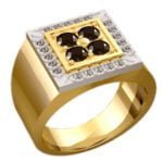 Anel de Confraria em Ouro Amarelo 18k com Mourion Preto e Diamantes, 15mm