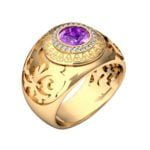 Anel de Formatura em Ouro Amarelo 18k com Ametista e Diamantes, 13mm