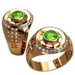 Anel de Confraria em Ouro Amarelo 18k com Esmeralda e Diamantes, 13mm