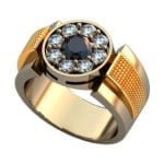 Anel de Confraria em Ouro Amarelo 18k com Mourion Preto e Diamantes, 12mm