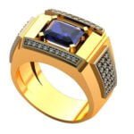 Anel de Formatura em Ouro Amarelo 18k com Safira e Diamantes, 12mm