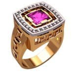 Anel de Formatura em Ouro Amarelo 18k com Turmalina Rosa e Diamantes, 14mm