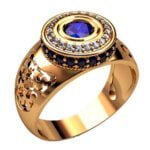 Anel de Confraria em Ouro Amarelo 18k com Safira e Diamantes, 10mm