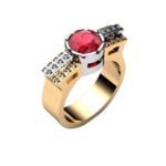 Anel de Confraria em Ouro Amarelo 18k com Granada e Diamantes, 12mm