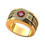 Anel de Confraria em Ouro Amarelo 18k com Granada e Diamantes, 10mm