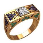 Anel de Confraria em Ouro Amarelo 18k com Esmeralda, Safira e Diamante, 10mm