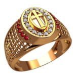 Anel de Confraria em Ouro Amarelo 18k com Granada e Diamantes, 12mm