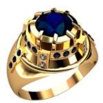 Anel de Confraria em Ouro Amarelo 18k com Safira e Diamantes, 13mm