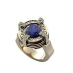 Anel de Confraria em Ouro Amarelo 18k com Safira e Diamantes, 13mm