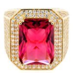 Anel de Formatura em Ouro Amarelo 18k com Granada e Diamantes, 15mm