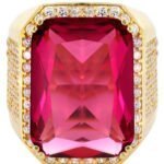 Anel de Formatura em Ouro Amarelo 18k com Granada e Diamantes, 18mm