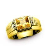 Anel de Formatura em Ouro Amarelo 18k com Citrino e Diamantes, 10mm