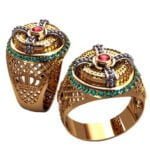 Anel de Confraria em Ouro Amarelo & Branco 18k com Granada, Esmeralda e Diamantes, 16mm