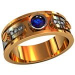 Anel de Confraria em Ouro Amarelo 18k com Safira e Diamantes, 12mm