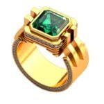 Anel de Formatura em Ouro Amarelo 18k com Esmeralda e Diamantes, 12mm