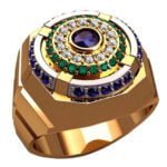 Anel de Confraria em Ouro Amarelo 18k com Safira, Esmeralda e Diamantes, 16mm