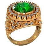 Anel de Confraria em Ouro Amarelo 18k com Esmeralda e Diamantes, 12mm